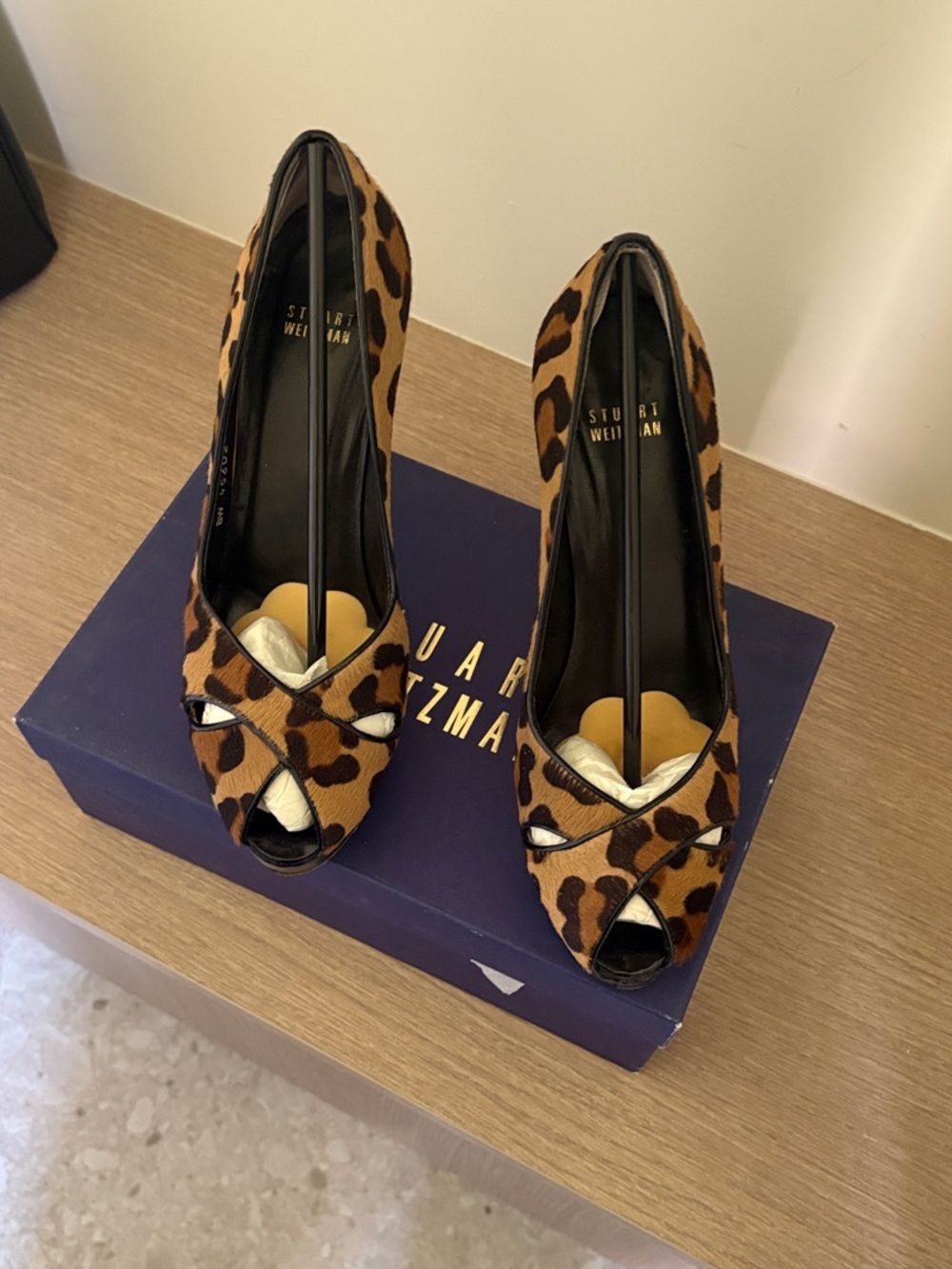 Stuart Weitzman Leopard-Print Peep-Toe Pumps in Brown and Black
